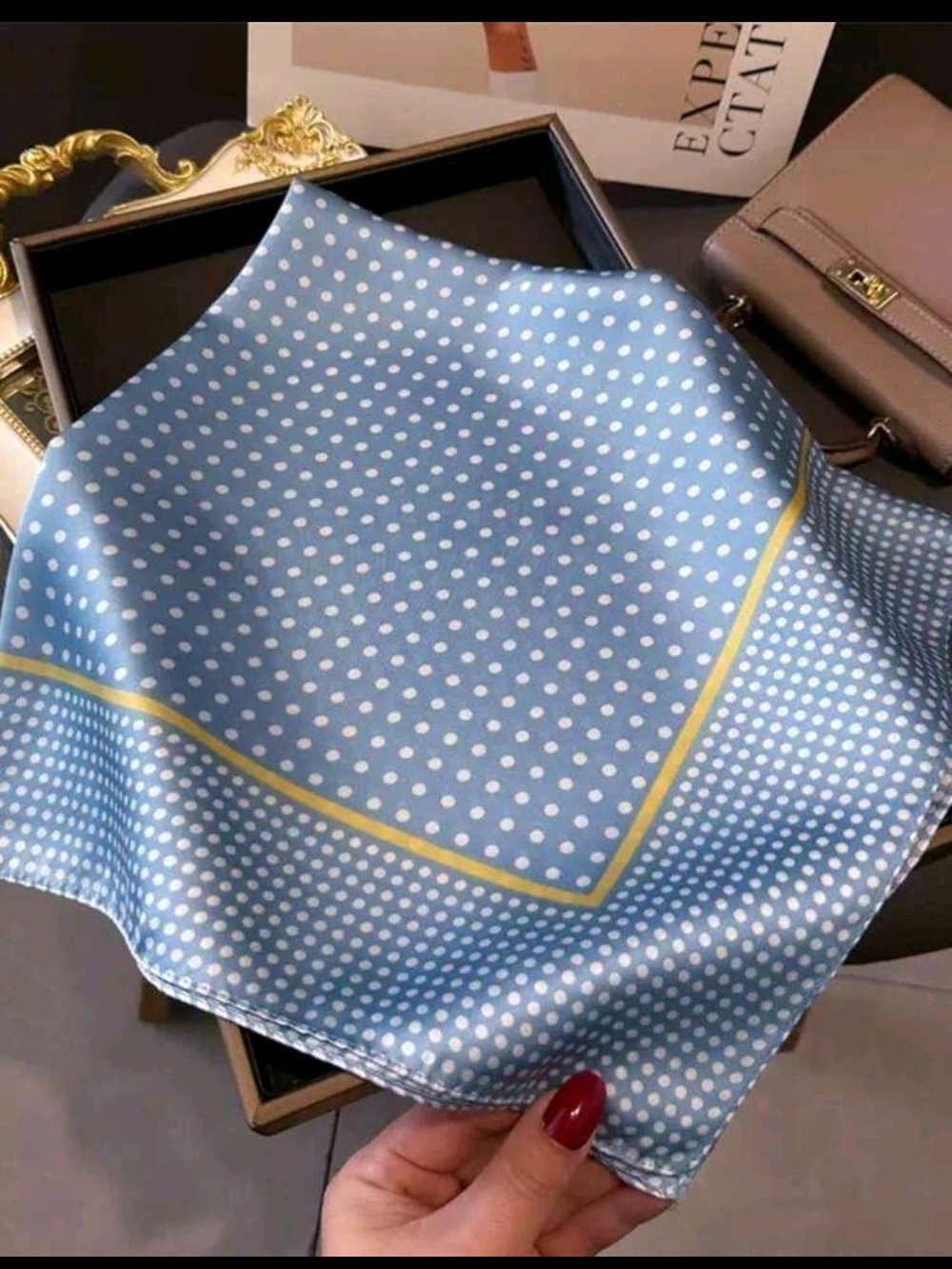 Blue Polka Dot Scarf with Yellow Trim - Picture 1 of 2